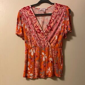 VENUS Vivid Floral V-Neck Blouse in Orange and Red